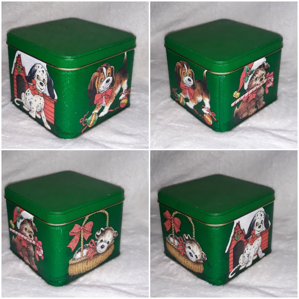 Vintage Small Potpourri Press Dog Puppy Christmas Box Tin signed WIM
